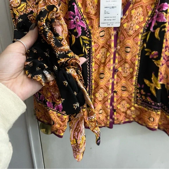 Free People Orange and Black Patterned Blouse - Picture 4 of 5